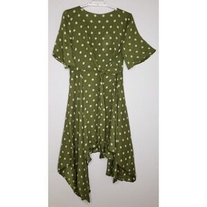 Chriselle Lim Dress Sz XL Green with Cream Polka Dot Asymmetrical Hem Belted NWT